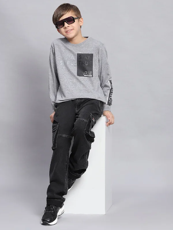 Boys Grey Melange Printed Round Neck Full Sleeve Sweatshirt Vacation