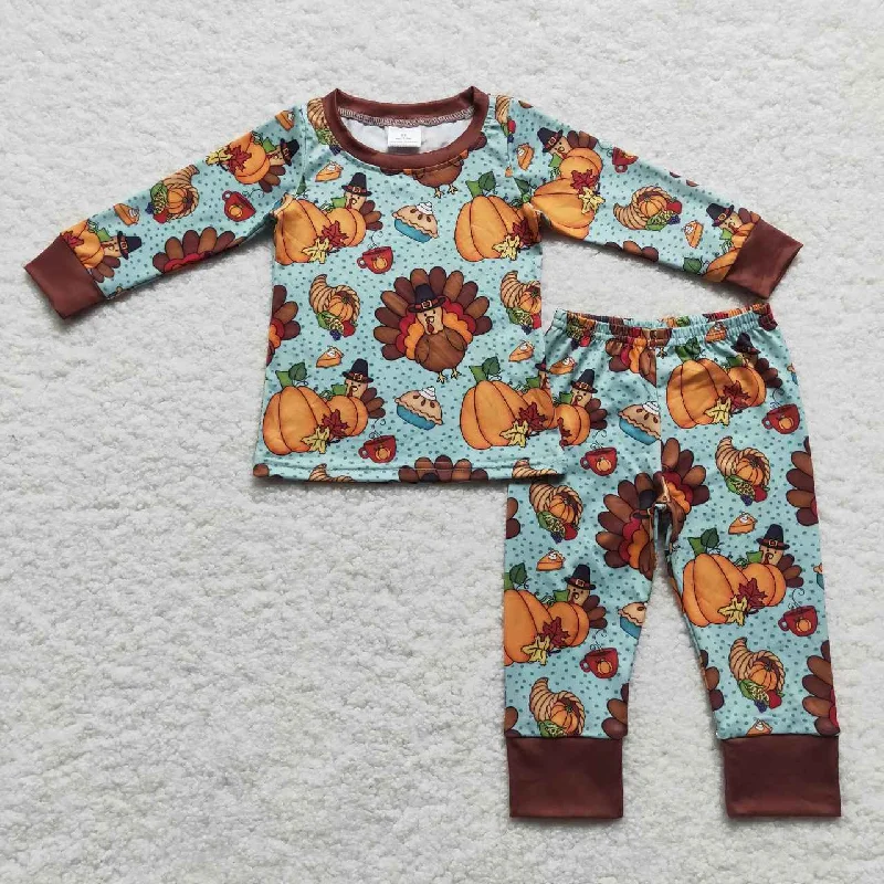 BLP0287  Thanksgiving Turkey Pumpkin Green Brown Boys Long Sleeve Pants Outfits Pajamas Tailored