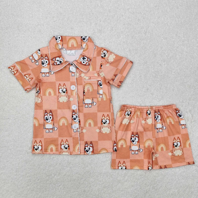 GSSO1801 Cartoon bluey pattern Orange short sleeve button top shorts pajamas set boutique girls clothing sets summer outfit RTS 202501 Refined Men's Classic 