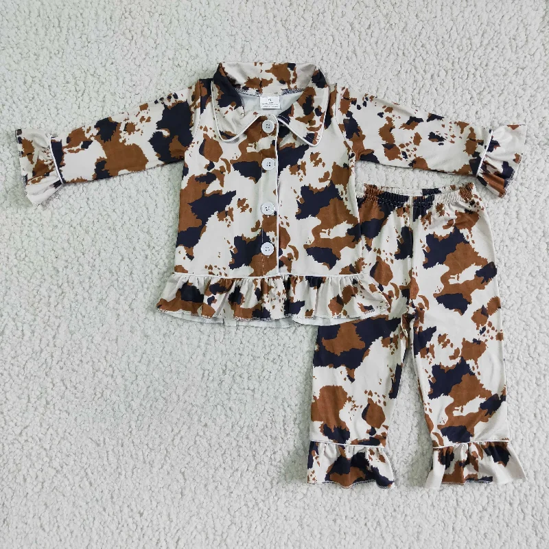 6 A9-16 Brown Cow Print Girls Long Sleeve Pajamas Athletic Men's Compression