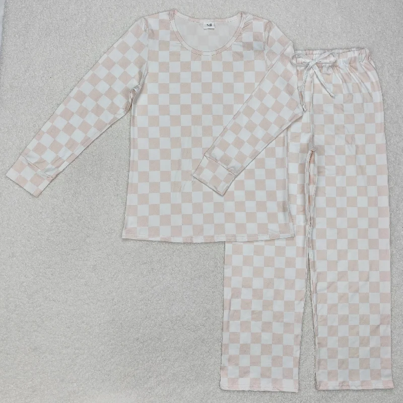 GLP2291 Light Orange checkerboard long sleeve top pants pajamas Adult girl  Boutique Outfit  RTS 202501 Cool Men's Skate